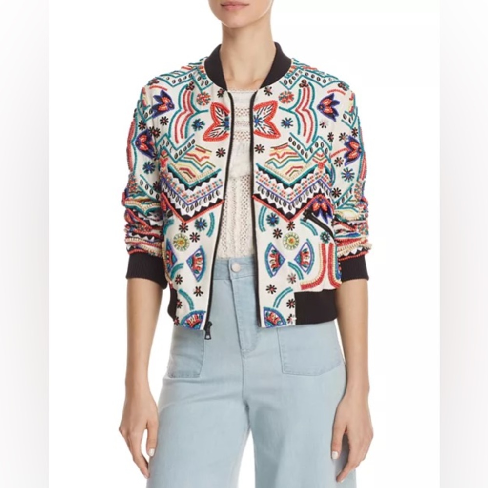 Alice + Olivia Lonnie Beaded Silk Bomber Jacket